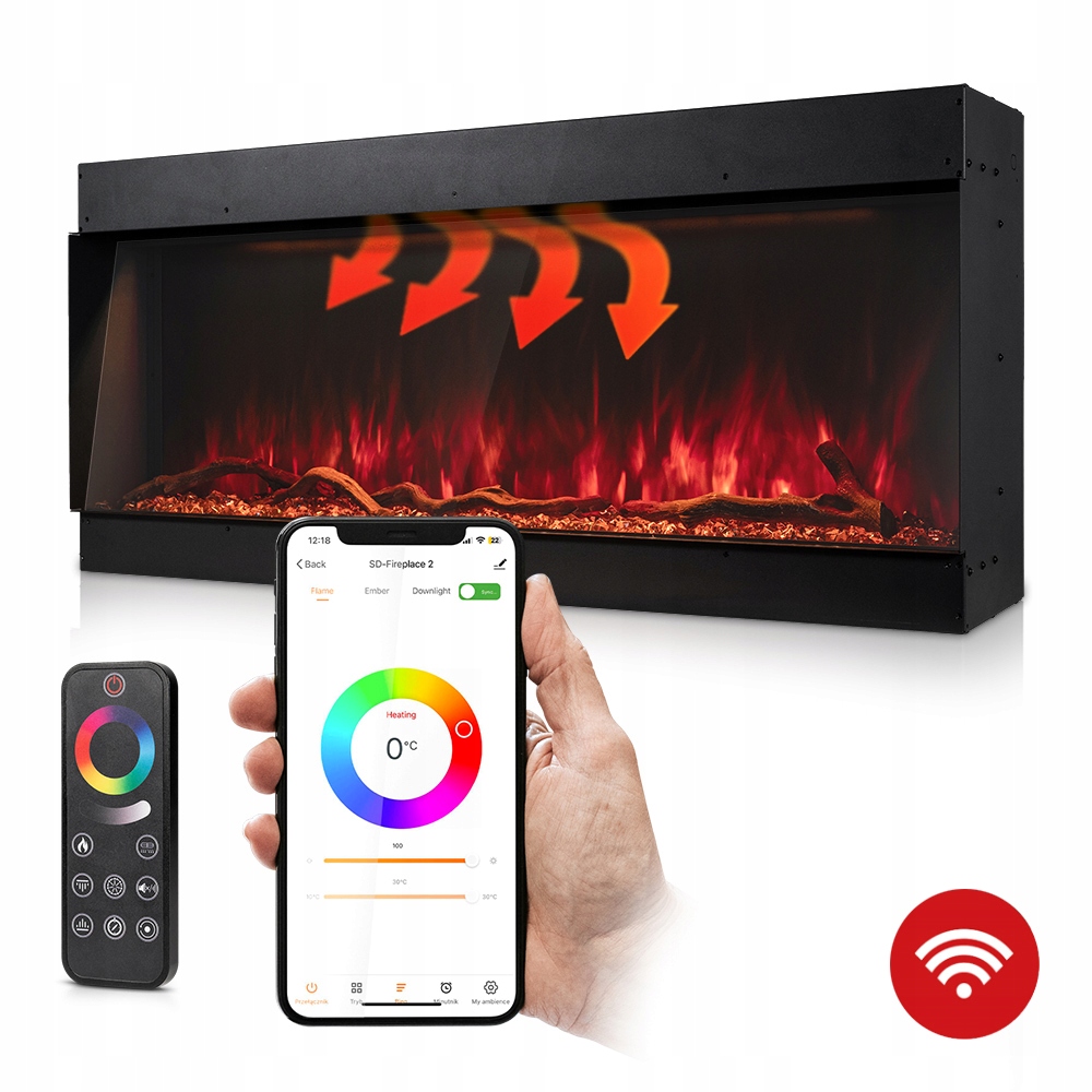 Elektrický Nástenný Krb 105 cm Ohrievanie Wifi so zvukom