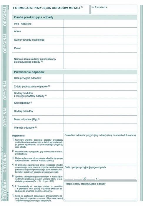 FORMULARZ PRZYJĘCIA ODPADÓW METALI E03-3