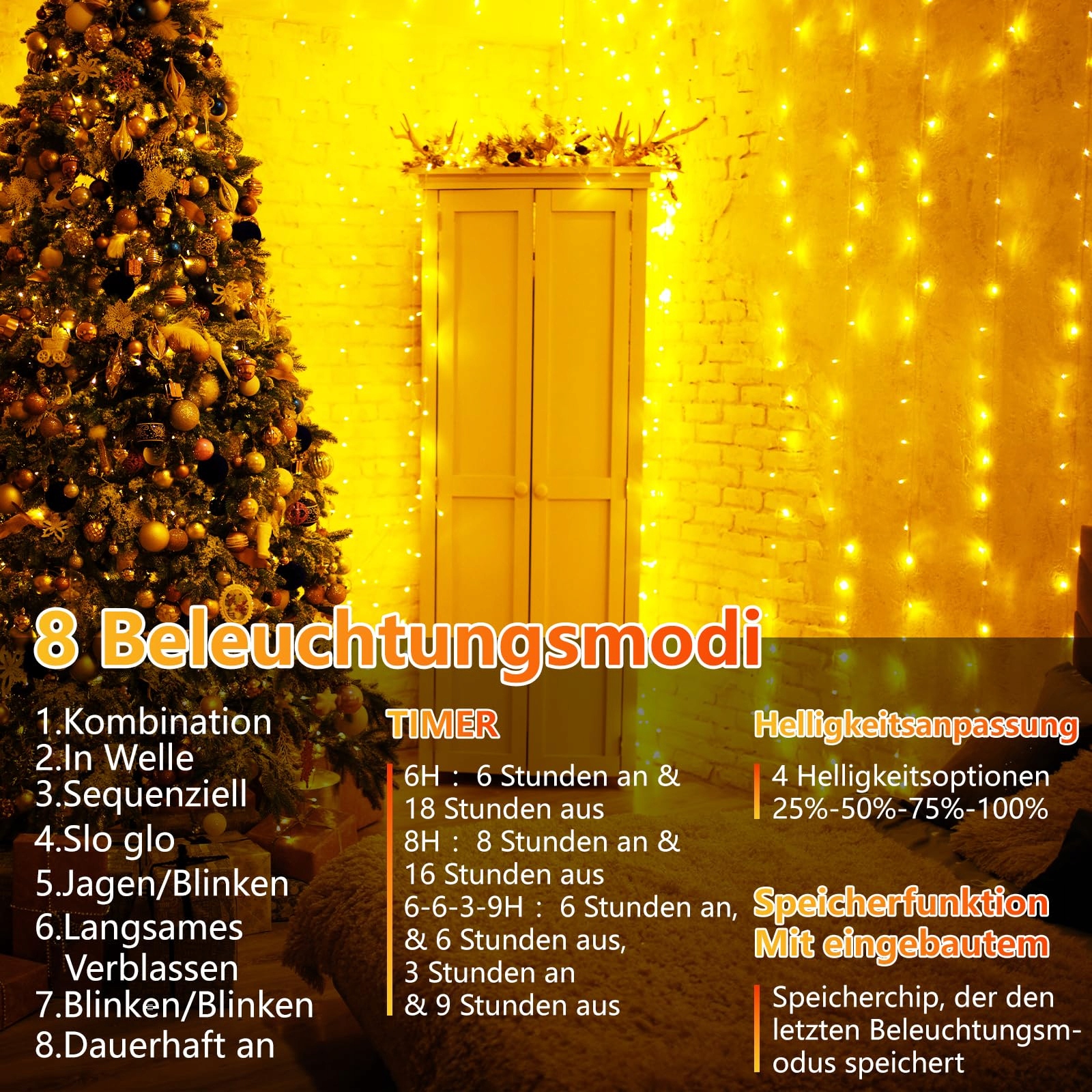 Kurtyna Świetlna LED Z Pilotem Timer Ściemniana Wodoodporna 3x3M 450 LED MA — miniatura 2