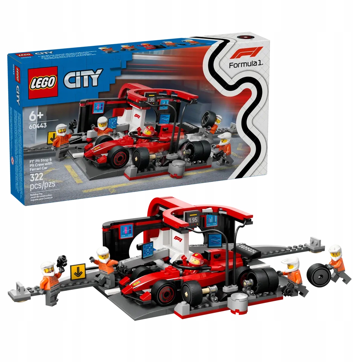 stavebnice Lego City 60443 F1 Pit stop a mechanici s bolidem Ferrari Formule 1