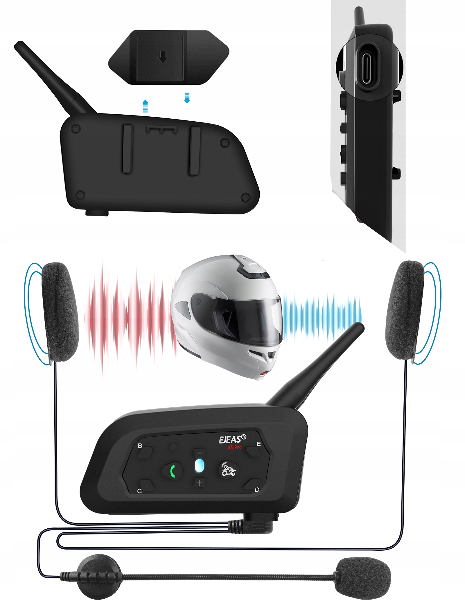 INTERKOM MOTOCYKLOWY EJEAS V6 PRO USB-C 2024 Bluetooth 5.1 na kask Typ mikrofonu integralny
