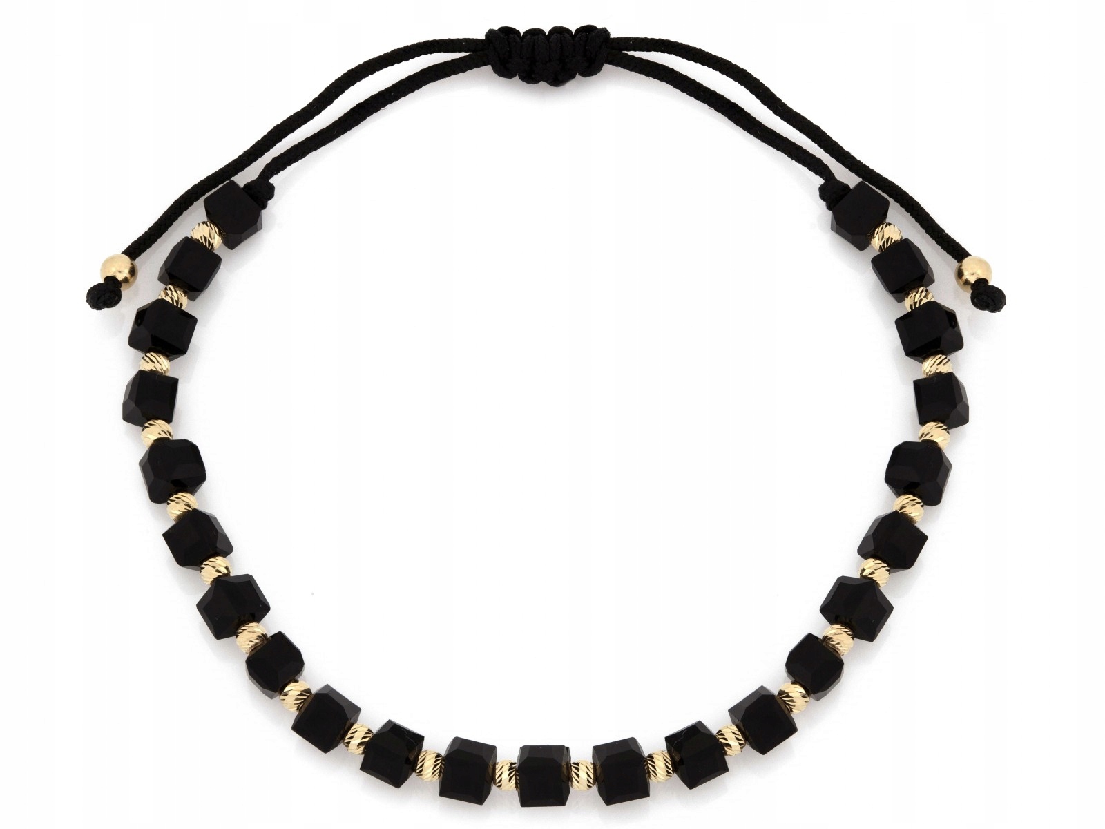 Zlatý náramek 585 s onyxy, váha 0.80 g, černá lesklá šňůrka