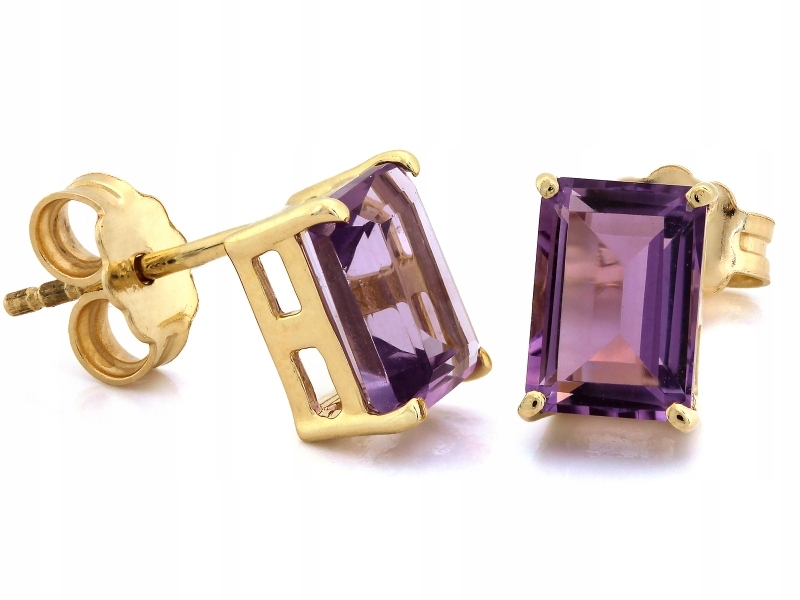 Elegantní zlaté náušnice 585 s tyčinkami a obdélníkovým fialovým kamenem