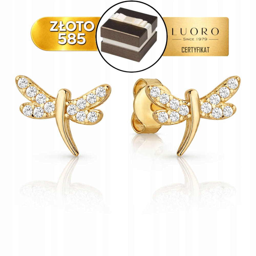 Náušnice Zlaté 585 14K Vážky Zirkony Tyčinka 1 CM Elegantní Dárek