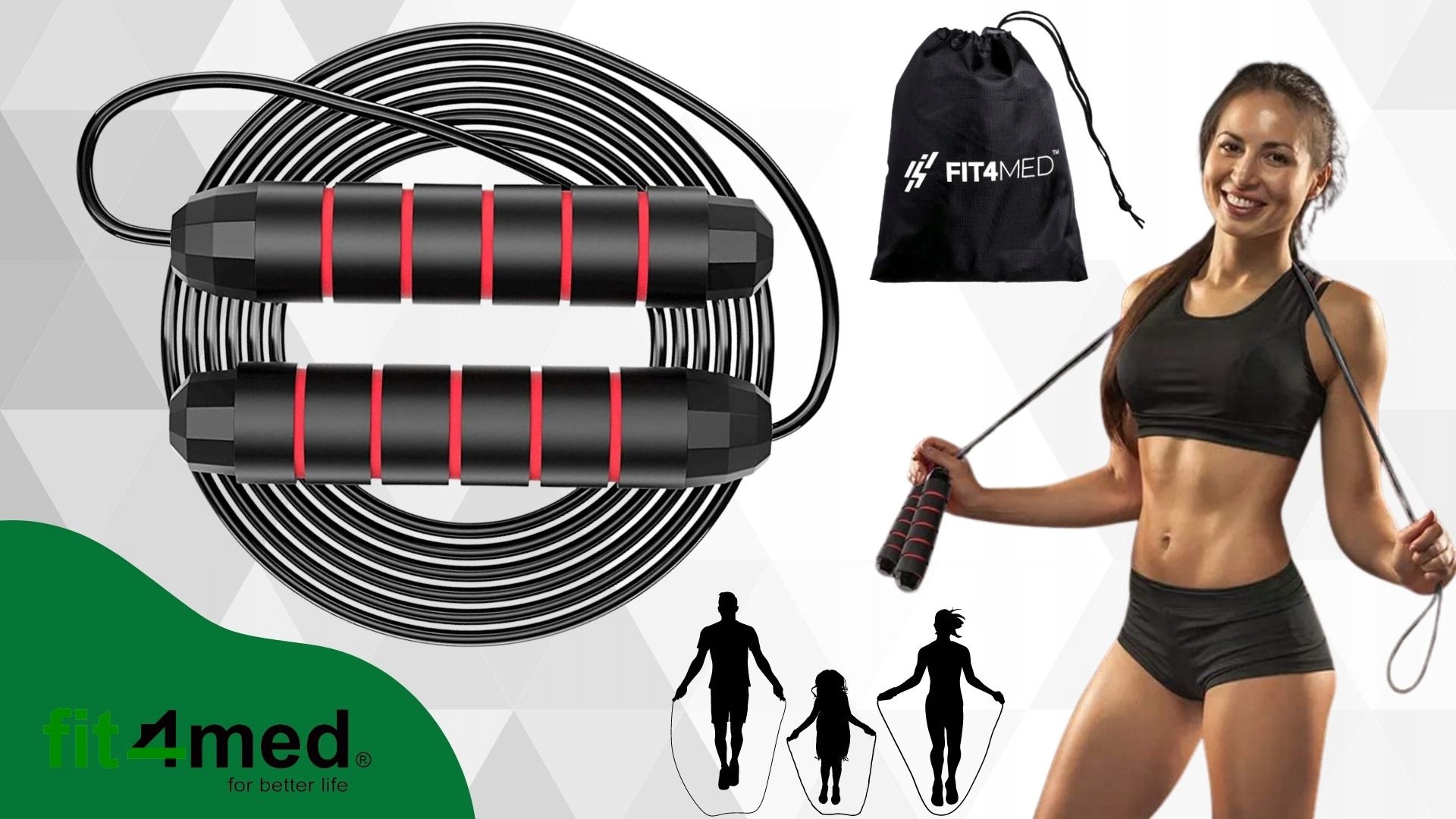 SKAKANKA CROSSFITOWA STALOWA Z ŁOŻYSKAMI FIT4MED REGULOWANA LEKKA SOLIDNA Długość linki 300 cm