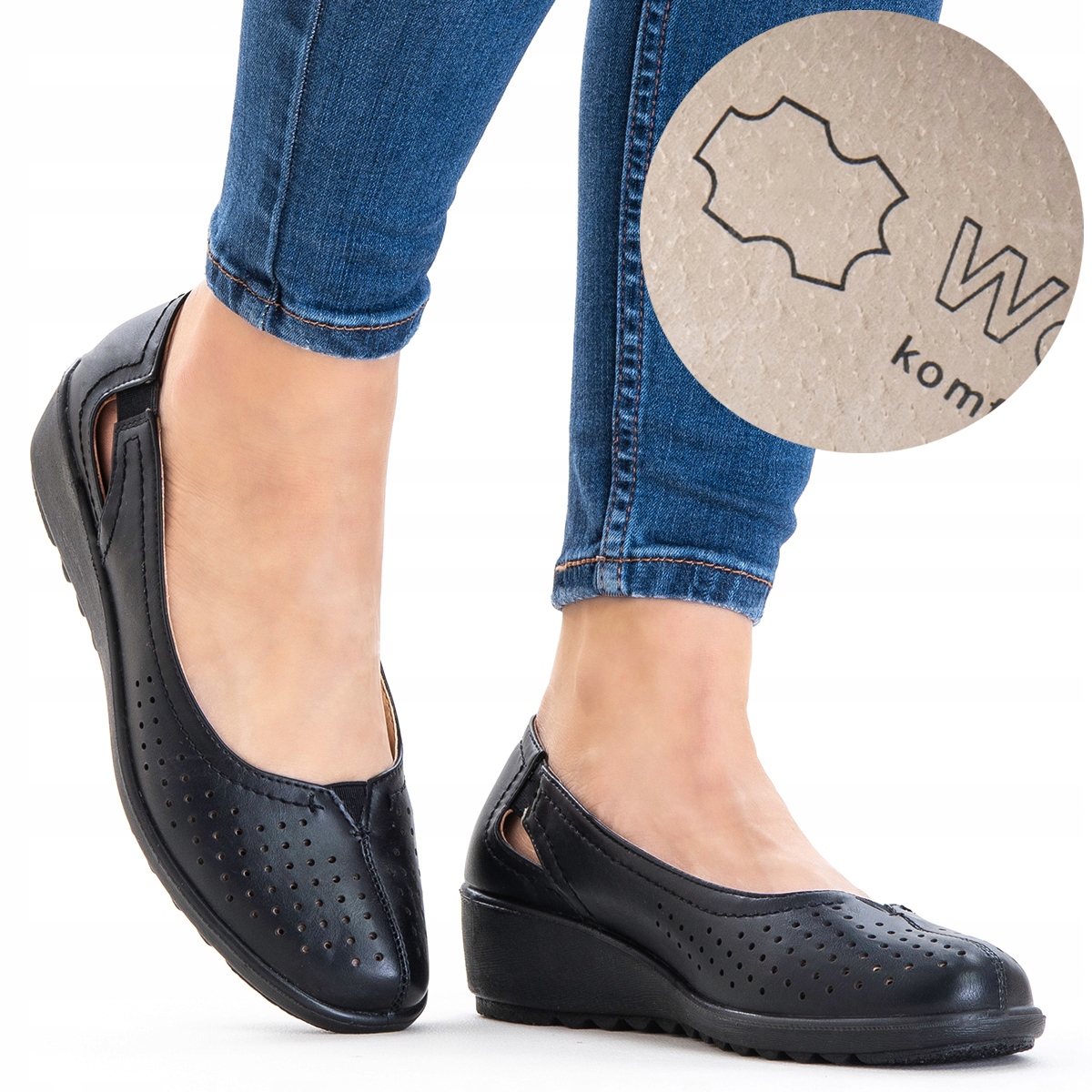 Polobotky s koženou stélkou, baleríny na klínku, Ažurové (děrované), lehké, Širší střih Wojtyłko 40