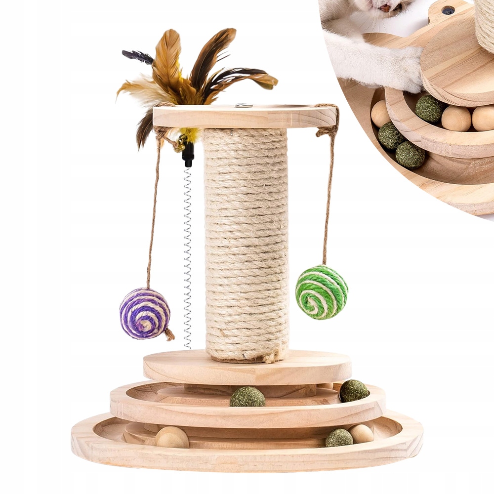 Levně Hrací věž pro kočky 4v1 škrabadlo sloupek míčky pírko kuličky odolná