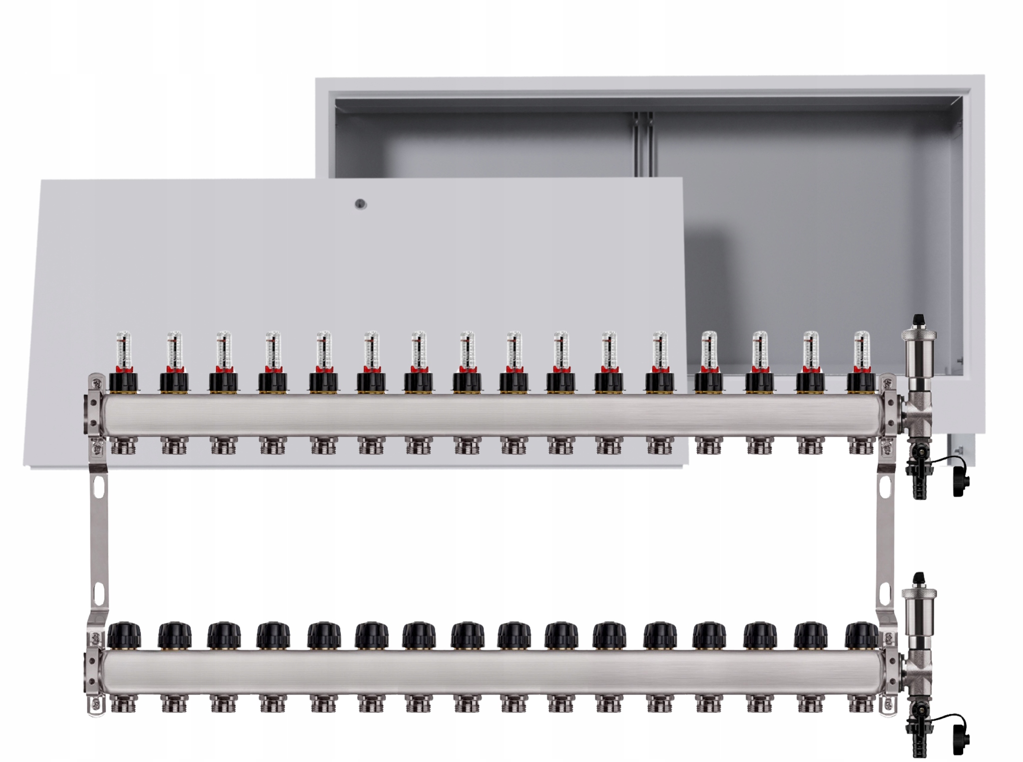 Nerezový rozdělovač pro podlahu 16 okruhů s podomítkovou schránkou, bílý