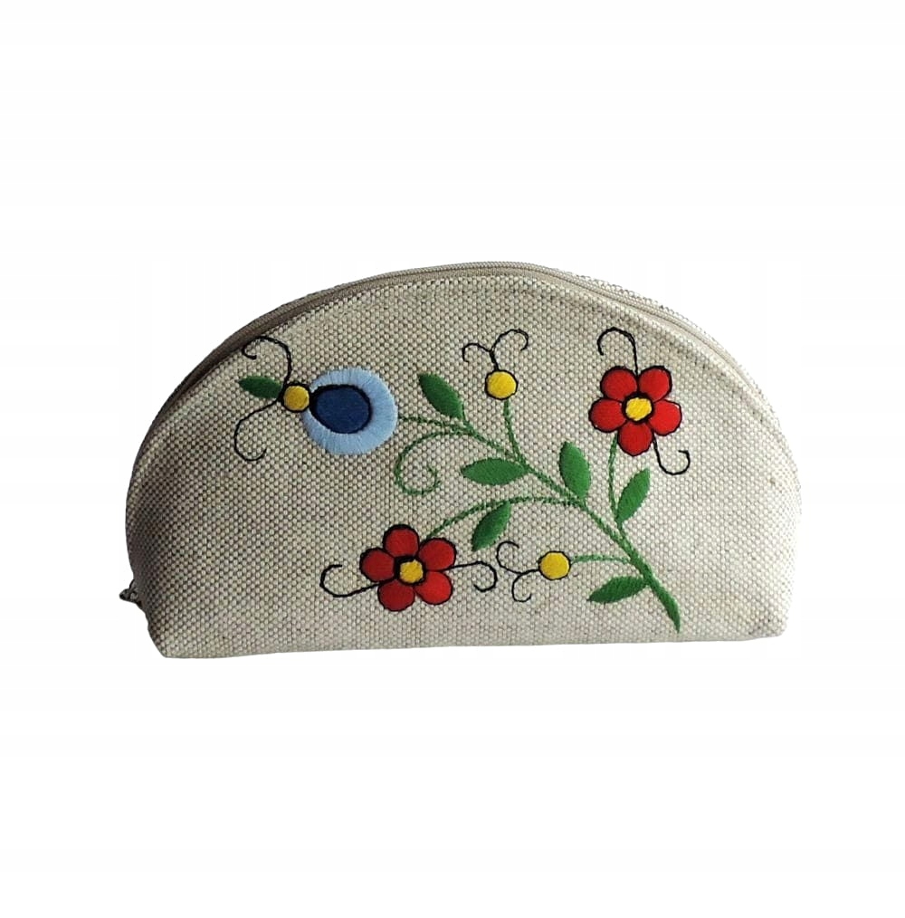 Kosmetická Taška Folk S Kašubskou Výšivkou Lněná Handmade