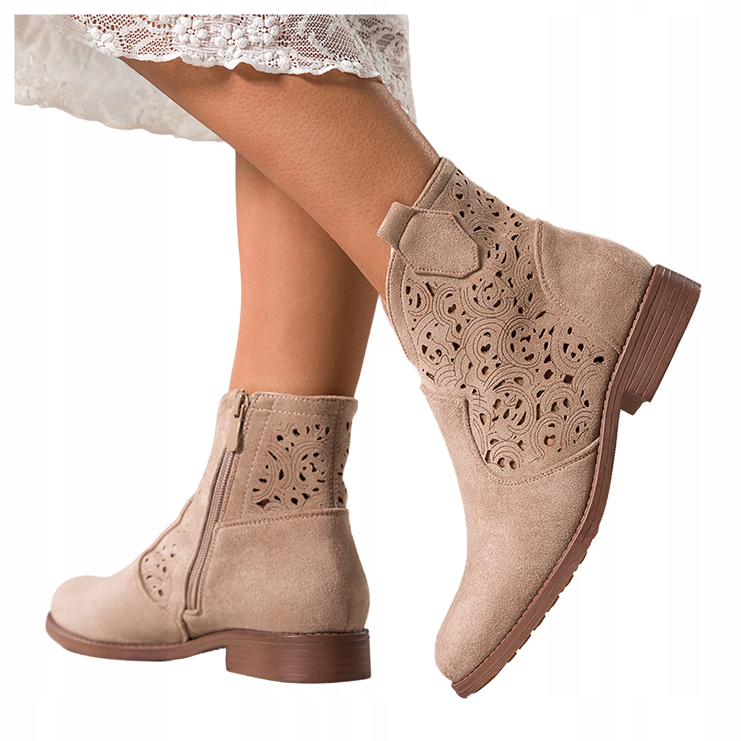 Dámské Kotníkové Boty Béžové Módní Ažurové Svršek Pohodlné Semišové Ploché vel. 39
