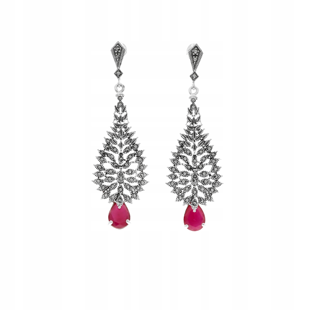 Efektní náušnice s rubíny a markýzami, stříbro