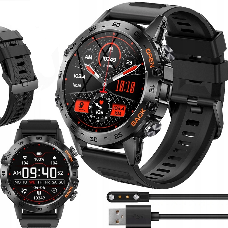 Smartwatch Hammer Black Męski K52 czarny 2 szt bransoletki szkło ochronne