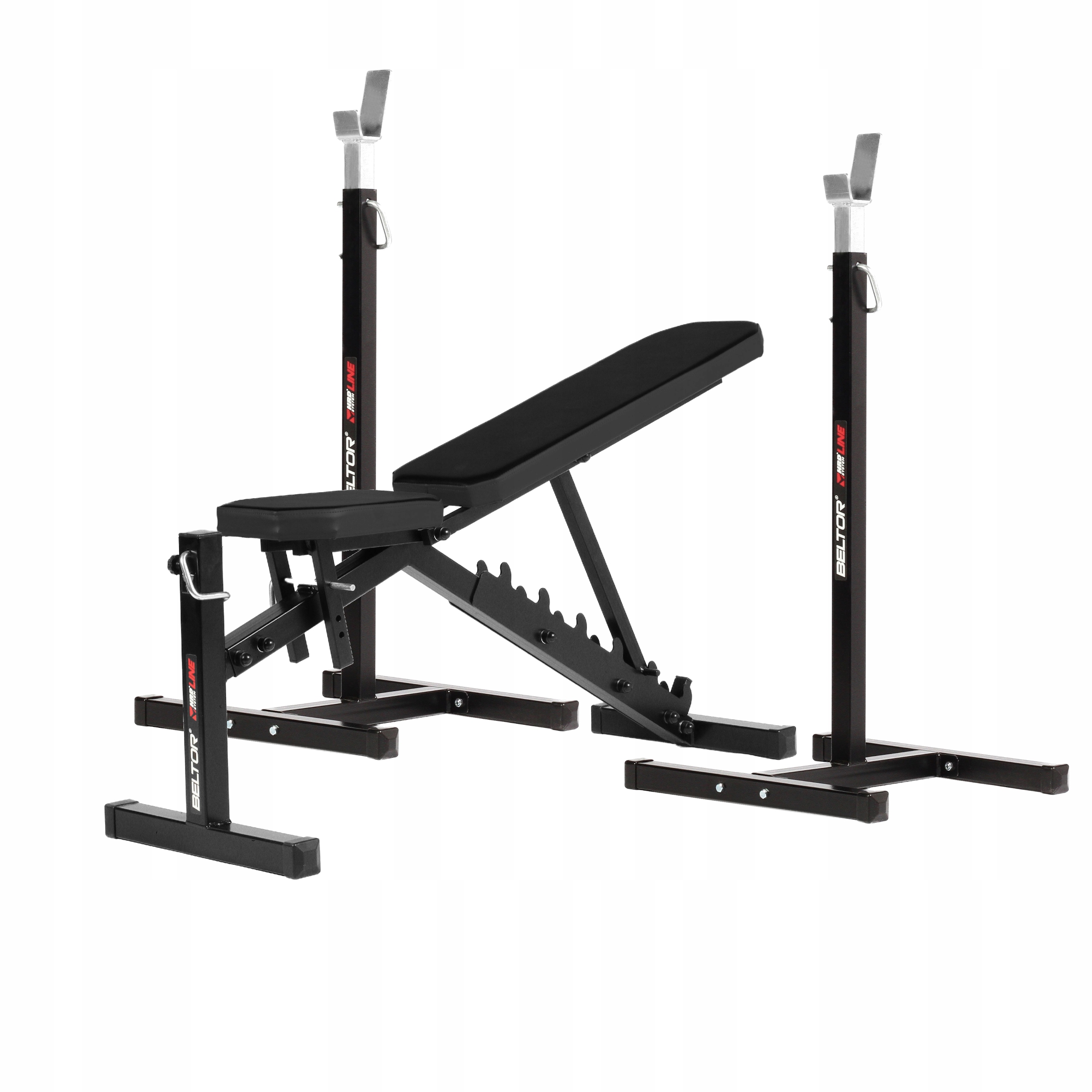 BELTOR ZESTAW ŁAWKA REGULOWANA TRENINGOWA CZARNA + STOJAKI POD GRYF REGUL