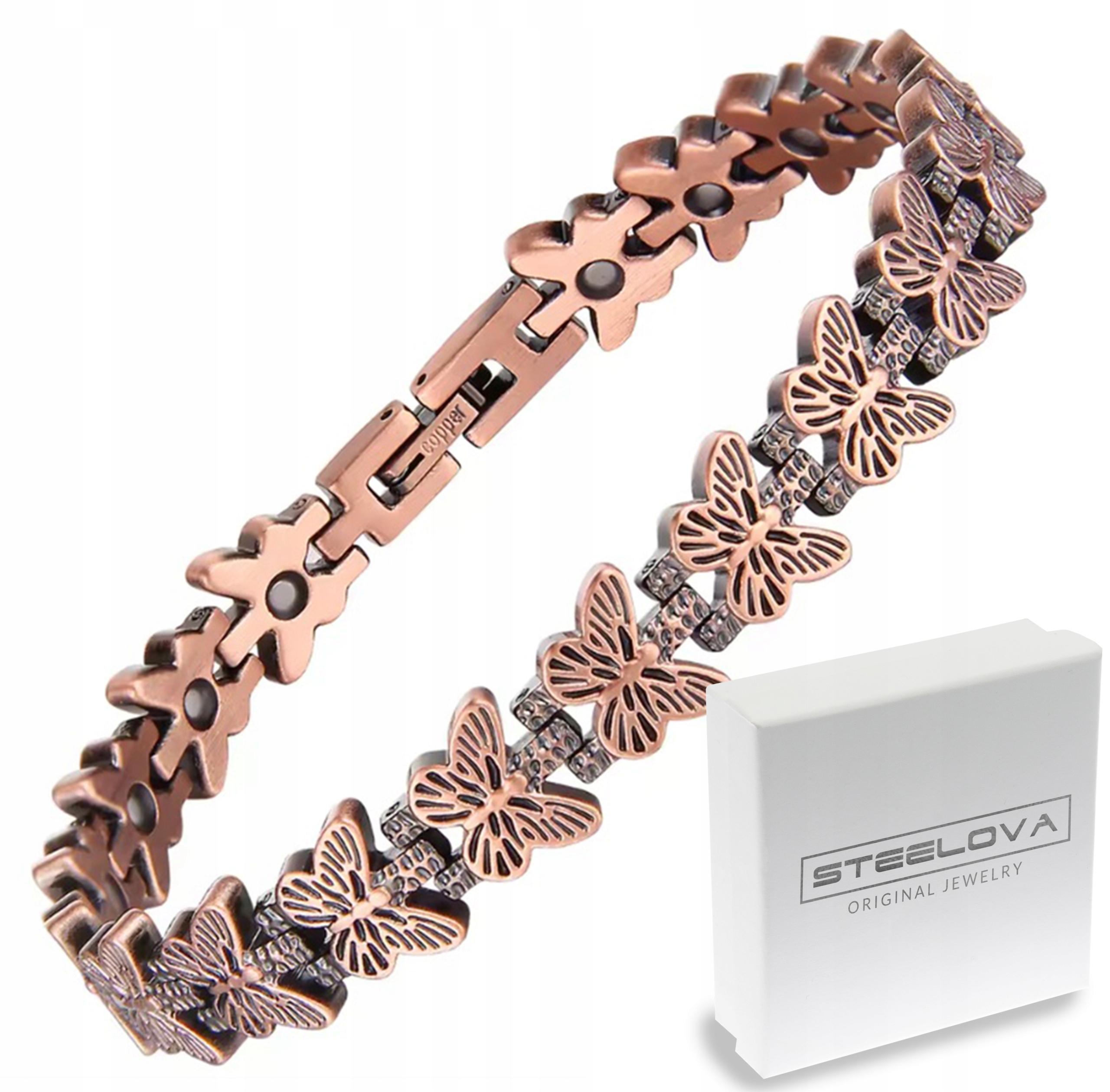 Bransoletka z Motylami Miedziana, Magnesy Neodymowe 22 cm Pudełko