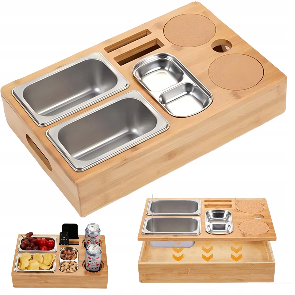 3 misky z z nerezové oceli, nádoba z bambusu na občerstvení a nápoje