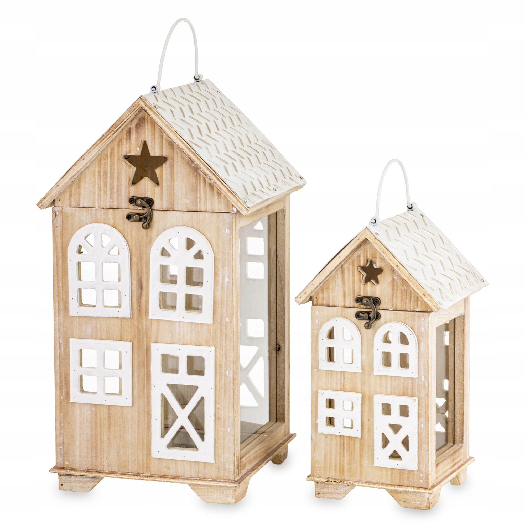 Drevené boho lampióny domčeky 2ks kpl provence béžové loft rustikálne