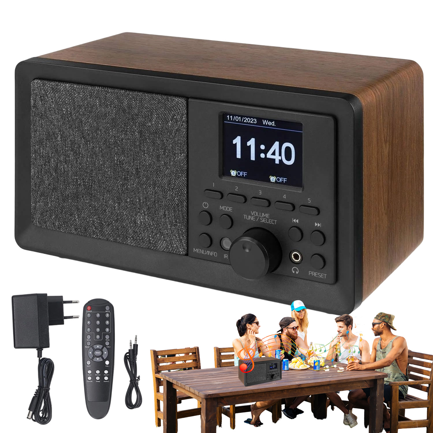 Retro Radio Dab Fm Bluetooth 5 Pilot Aux Usb Drewniane Radio Z Budzikiem