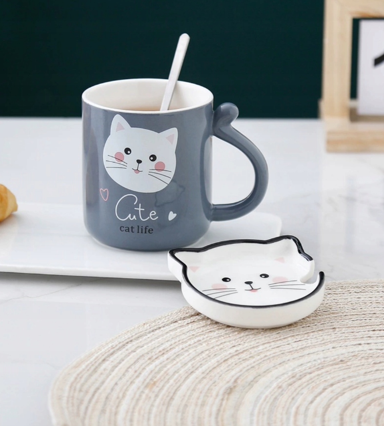 

Kubek Ceramiczny z Pokrywką zestaw łyżeczka-KOT S