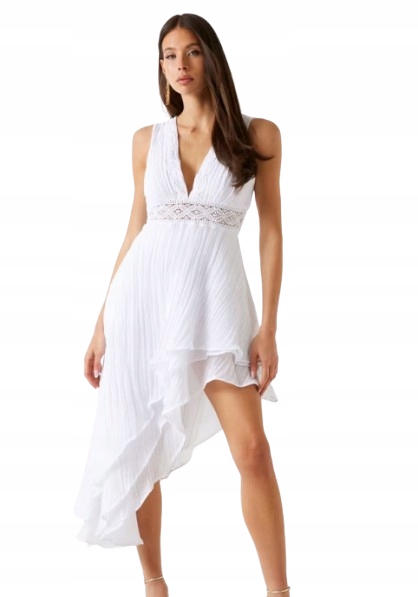 Guess Bílá Asymetrická Šaty S Výstřihem Do Špičky A Krajkou Gma