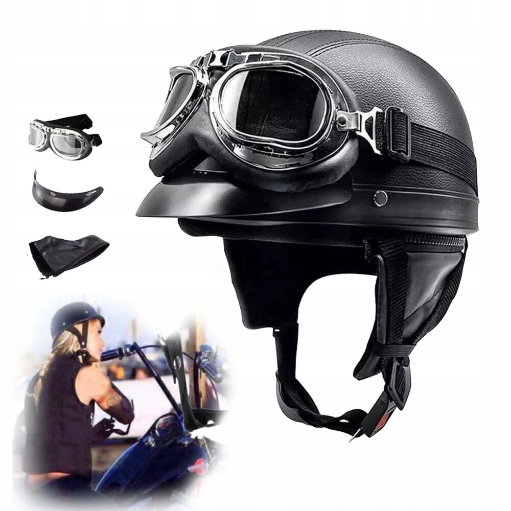 Kask Motocyklowy Hełm Czarny Gogle Retro Chopper Weteran