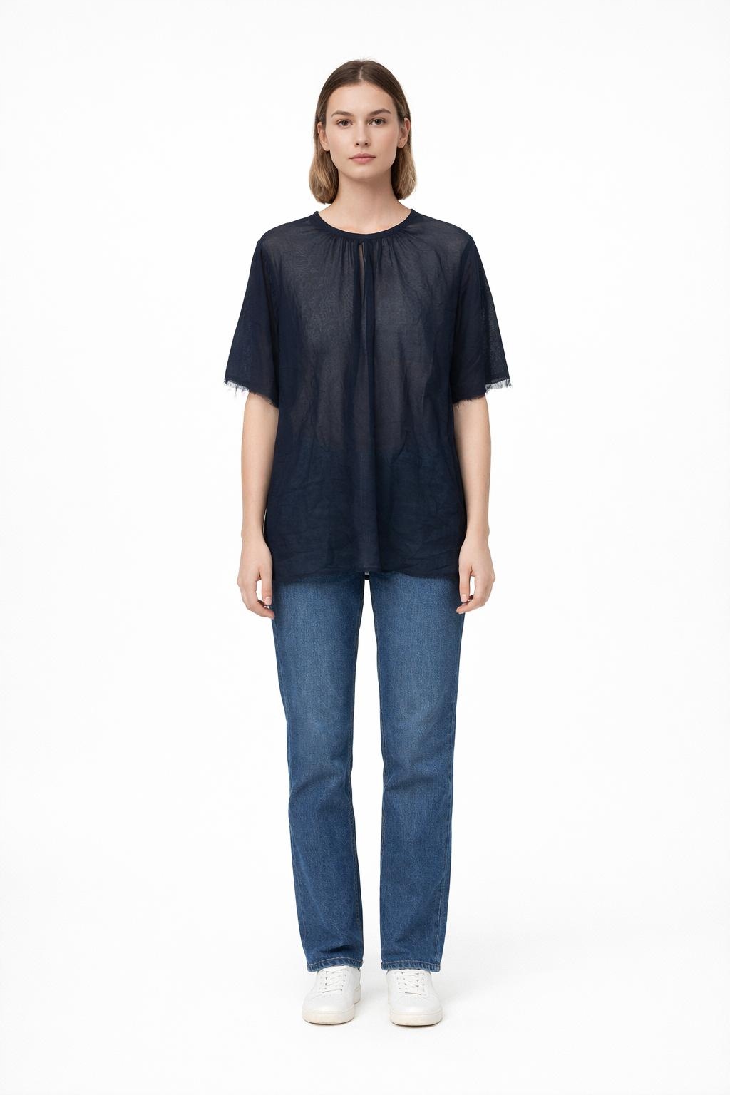 For All Mankind Tmavě Modrá Halenka Z Hedvábí, Volná, S Rukávem Typu Fta