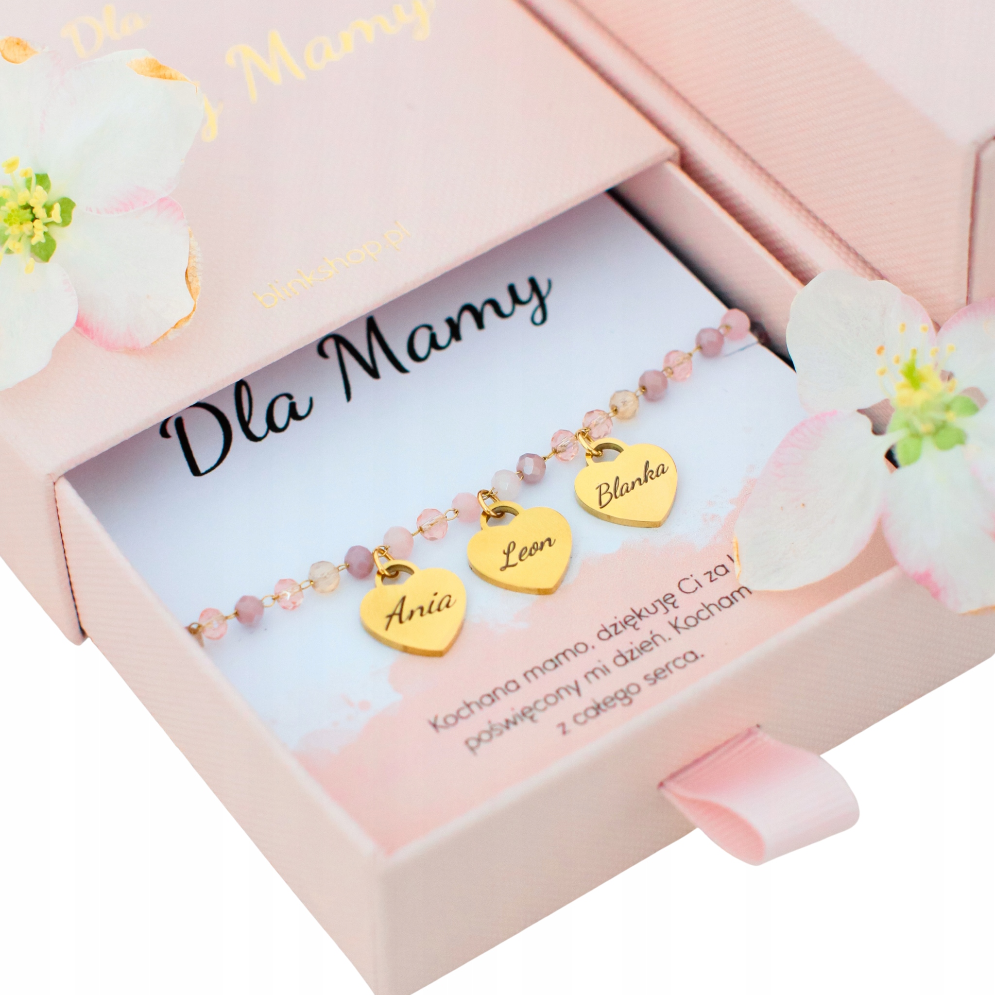 personalizowana bransoletka z serduszkami i grawerem imion dzieci dla mamy