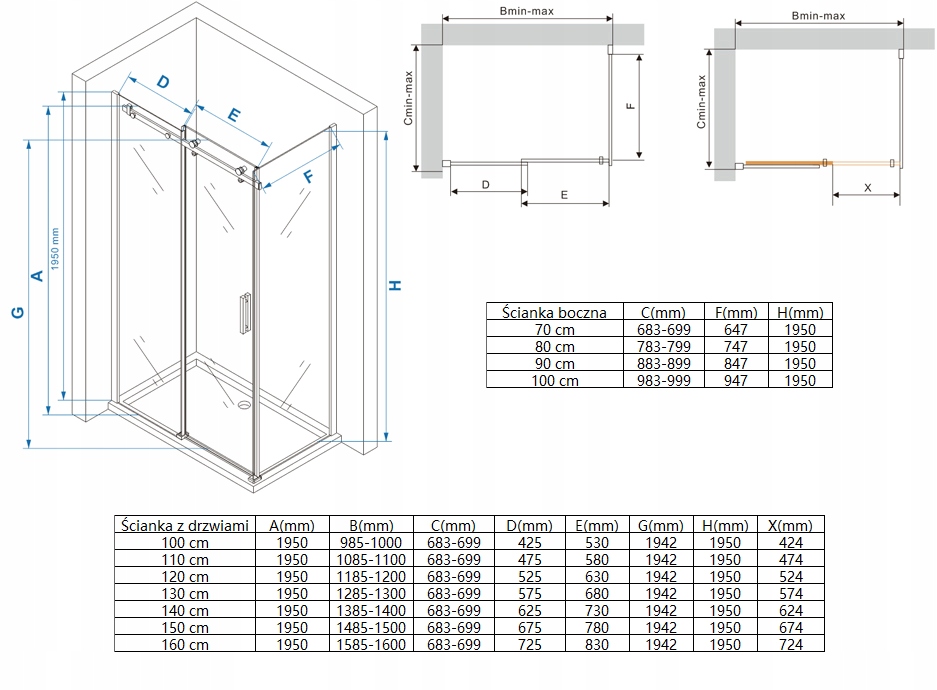 KABINA PRYSZNICOWA PRZESUWNA DS1000 LEYDEN 130x75 Kształt prostokątny