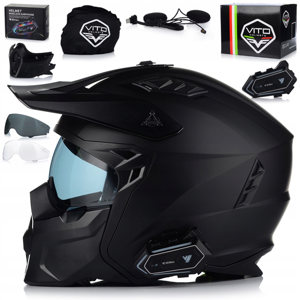 Kask Motocyklowy 4w1 Vito Predator Matt Odpinana Szczęka Daszek +2xBLENDA