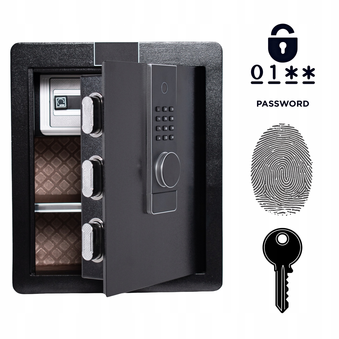 Pancerny Domowy Sejf Biometryczny Na Odcisk Palca 45x38x32 cm Czarny