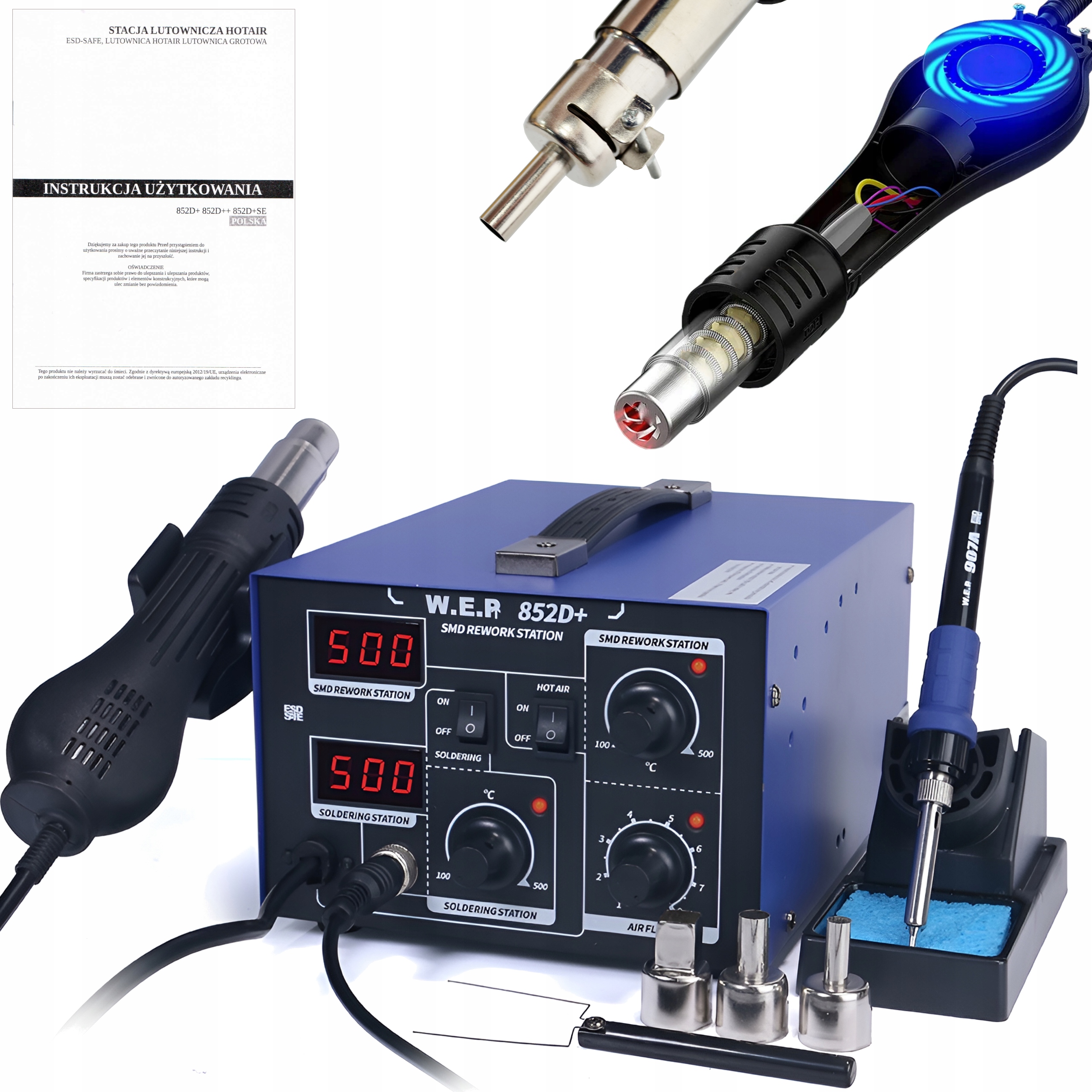 Stacja lutownicza Spawarka 2w1 Hotair Wep 852D+ 700W hot air mocny nadmuch