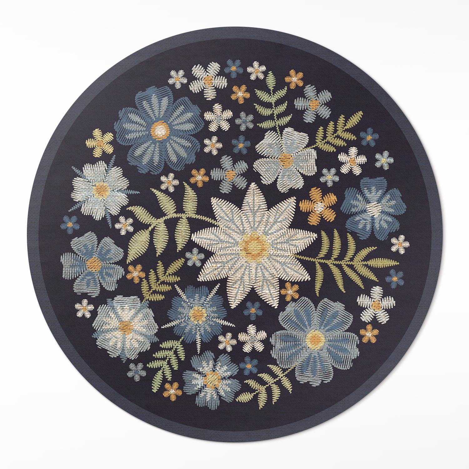 Dekoratívny okrúhly vinylový koberec pod stôl s vyšívanými poľné kvety ⌀ 120 cm