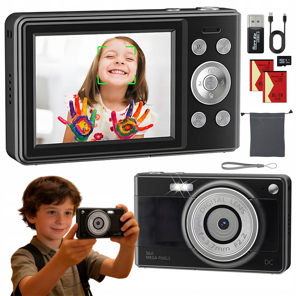 Digitální Fotoaparát Černý Hd 56MP Pro Děti Kamera 32GB Karta