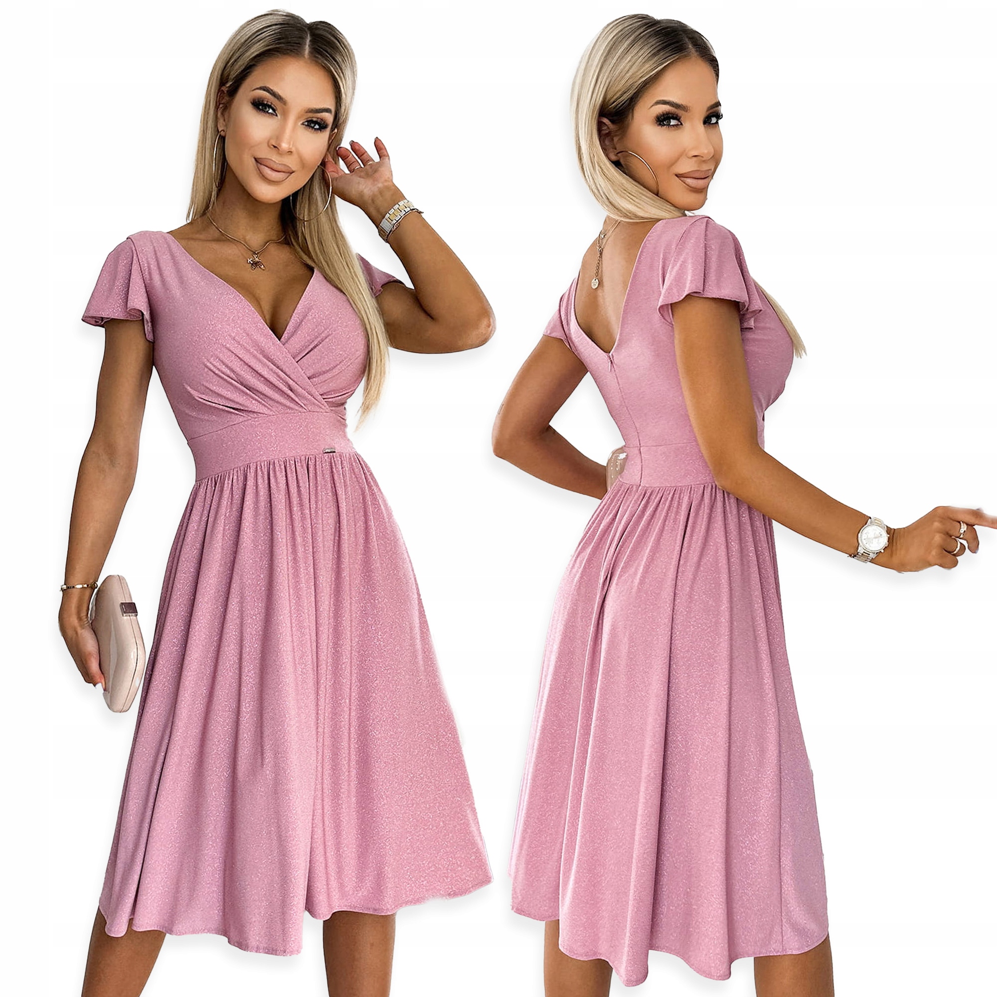 Matilde Šaty s výstřihem a krátkým rukávem Numoco Růžová Se Třpytkami S