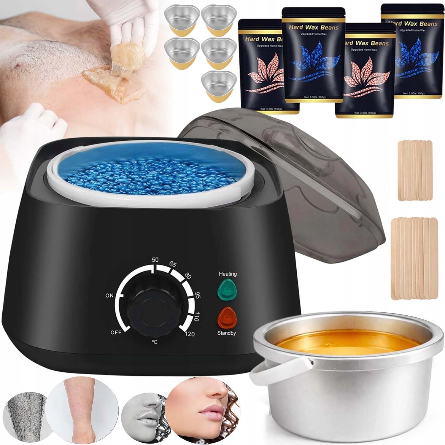 Sada Vosk Pro Depilaci Ohřívač Vosku 500ML 4X Tvrdý Vosk 50°C-120°C