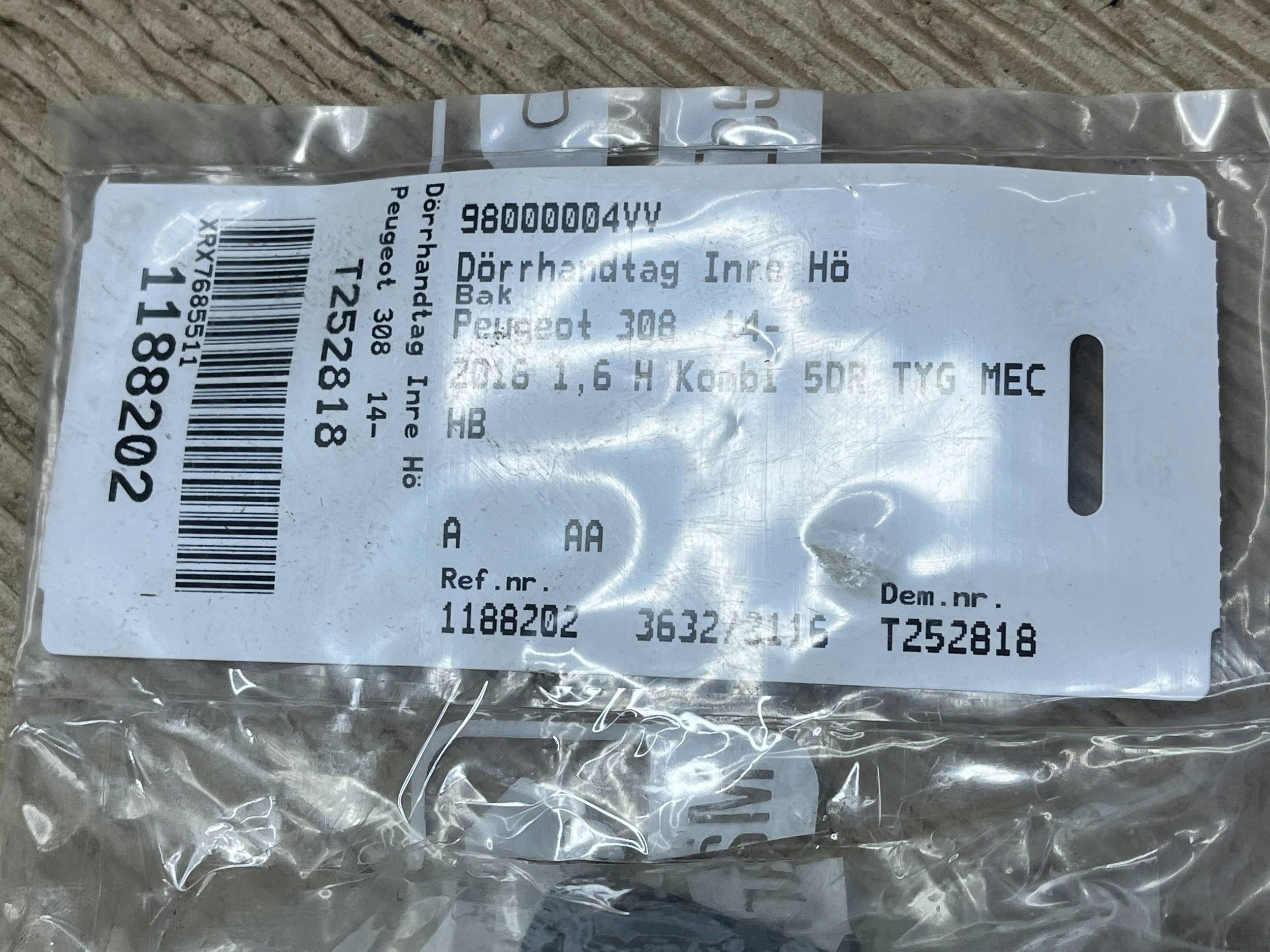 handle inner rear rear part Peugeot 308 98000004VV