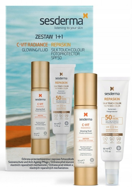Sesderma zestaw Repaskin silk touch Spf 50 50ml C-vit radiance fluid 50ml