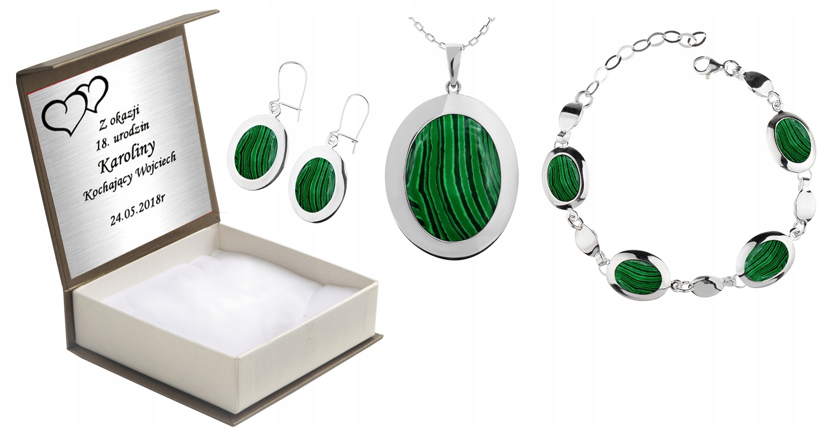 

Komplet Biżuterii Srebrnej Z Malachitami +grawer