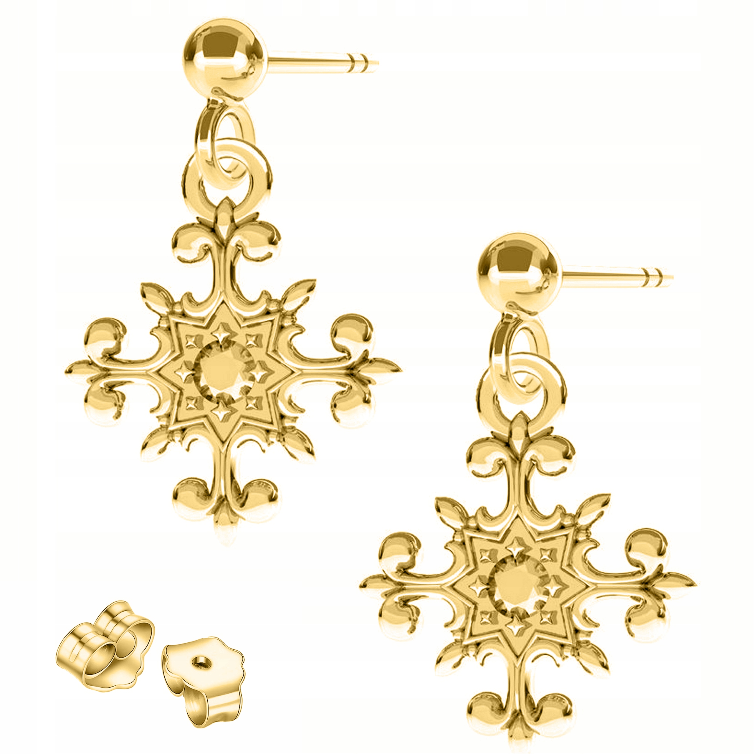Zlaté Náušnice Ozdobné kříže Křížky Sněhová vločka Stříbro 925