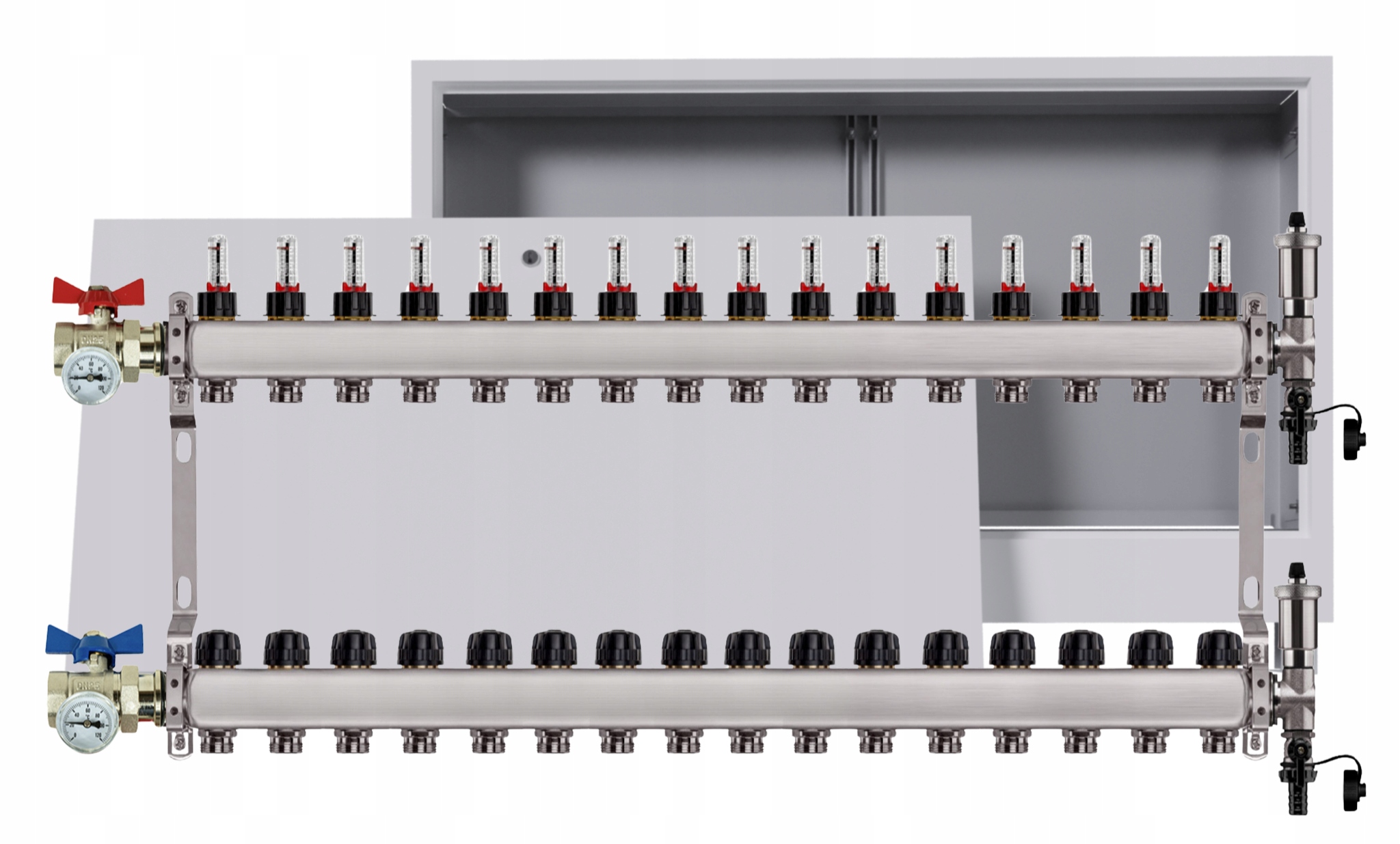 Rozdělovač nerezový Podlahovky 16 Okruhů Podomítková skříňka Ventily