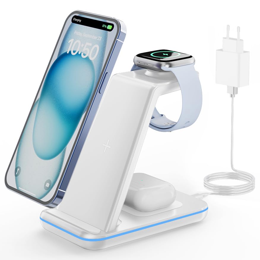 GEEKERA Ładowarka Bezprzewodowa 3w1 iPhone Apple Watch AirPods Biała