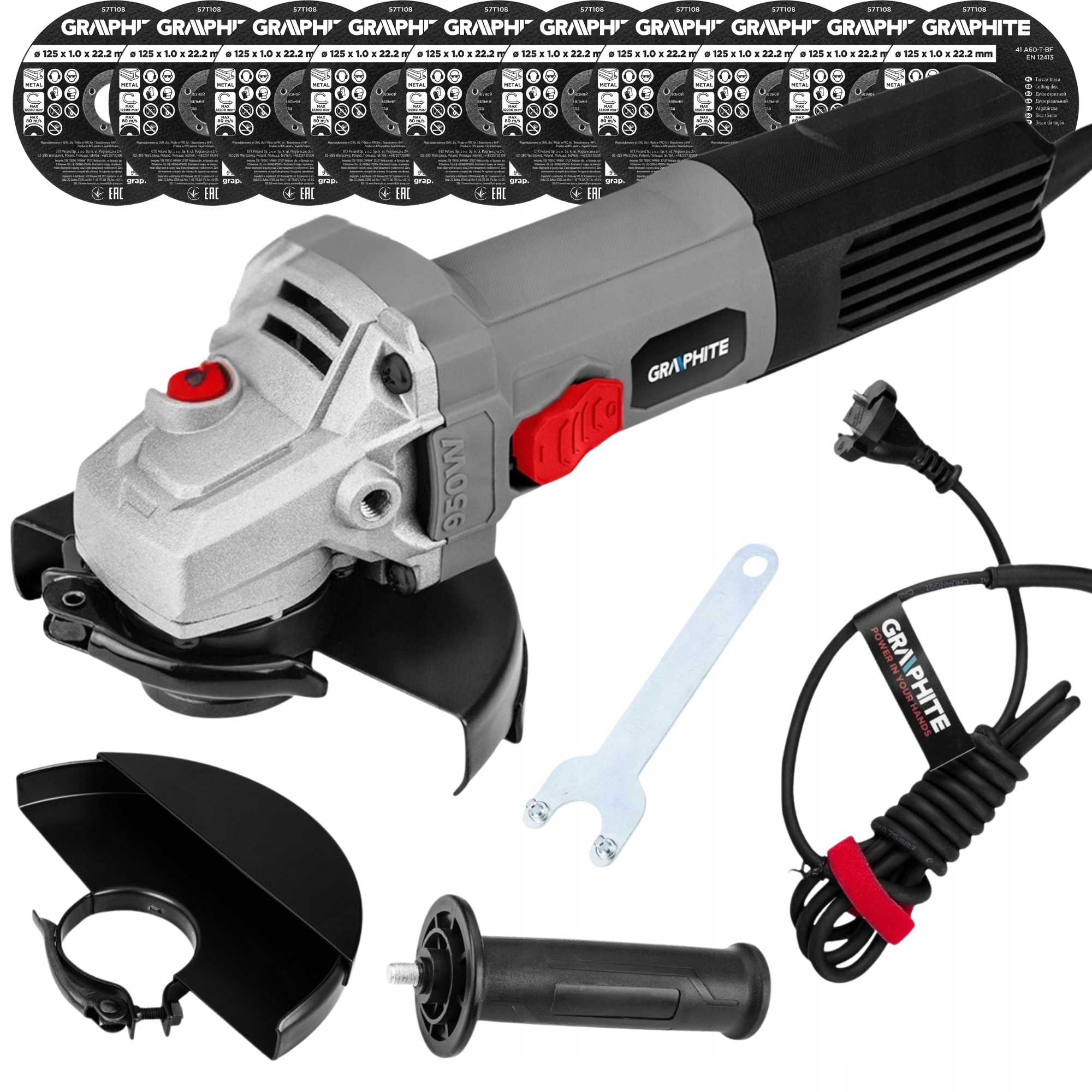 Graphite Szlifierka Kątowa 950W 125 mm Regulacja obr. 3000-12000 10 tarcz