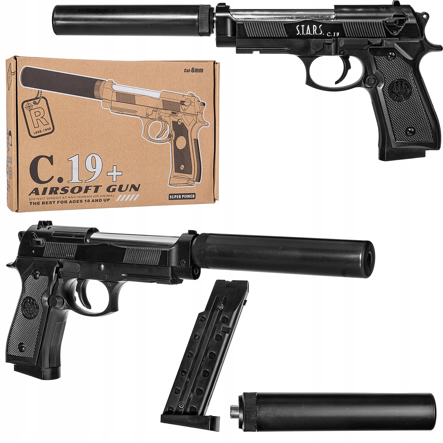 

Metalowy Pistolet Replika Beretta C19 Kulki Tłumik