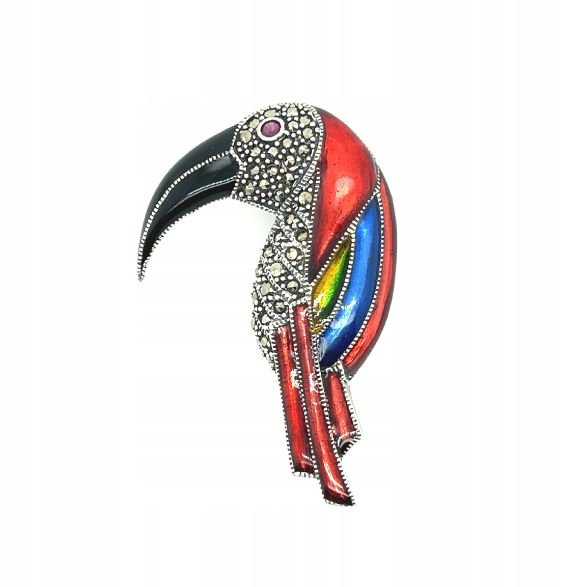 Brož stříbrná z vitráže – barevný tukan