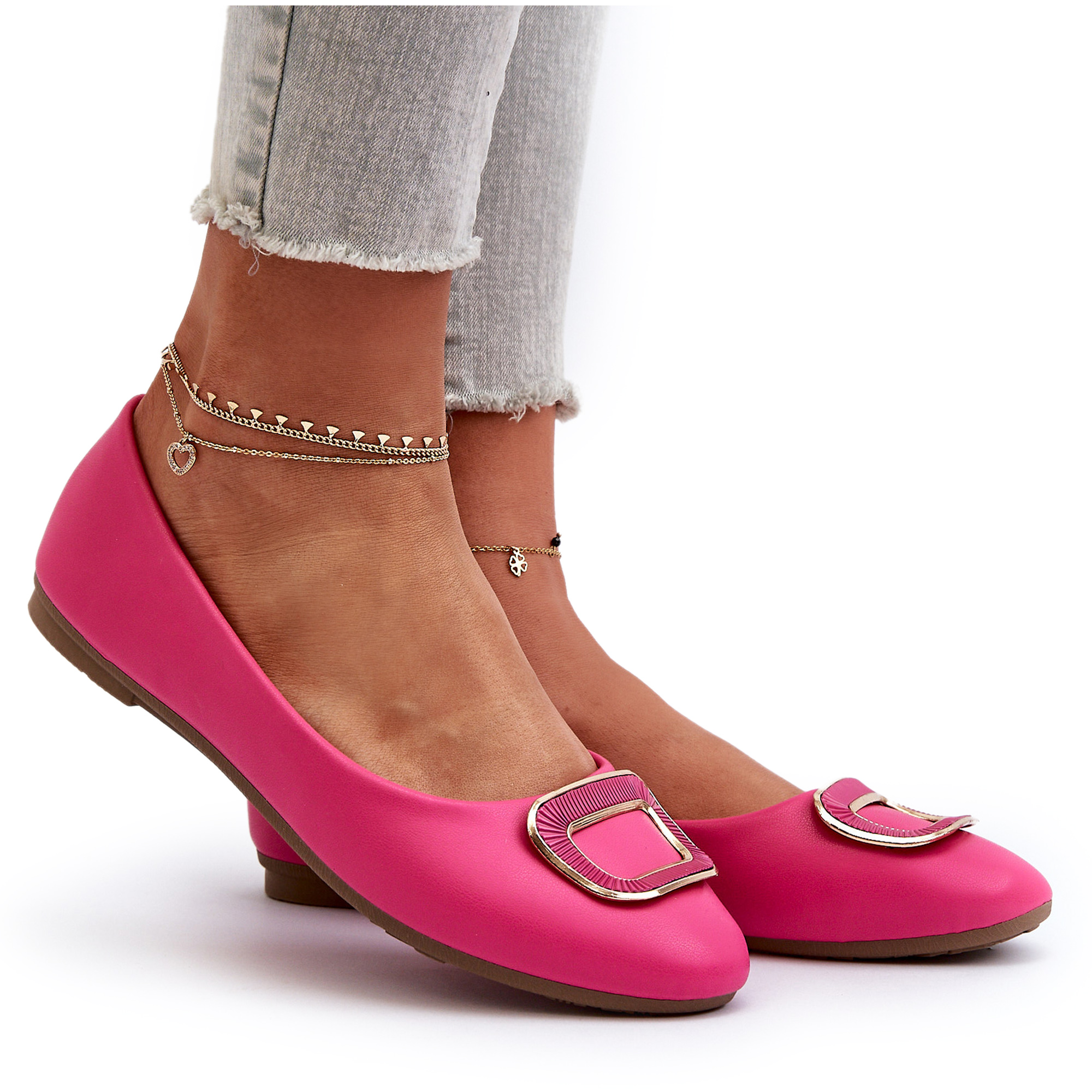 BALERINY DAMSKIE Z OZDOBĄ EKO SKÓRZANE PŁASKIE WYGODNE FUKSJA 38