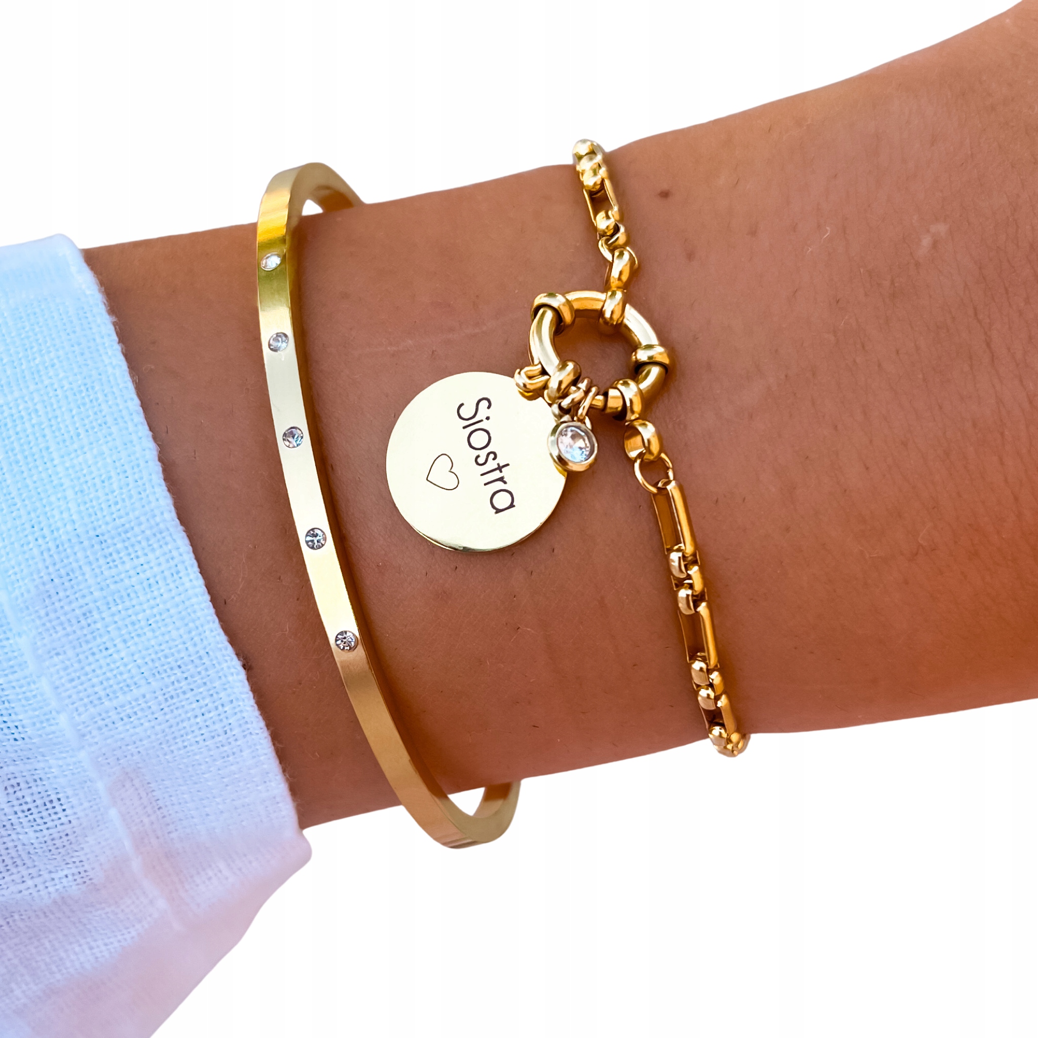 Złota bransoletka z grawerem siostra kryształek dla niej stal