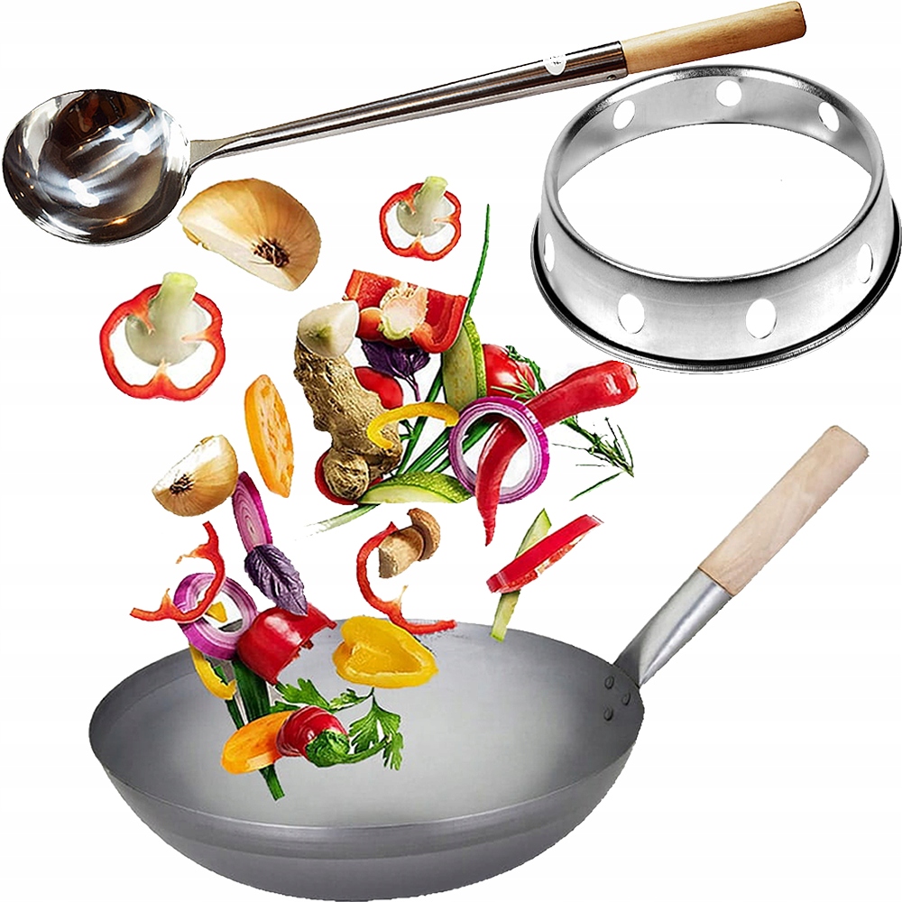 Set Wok Čínská pánev Wok 33 cm kroužek Podložka Naběračka