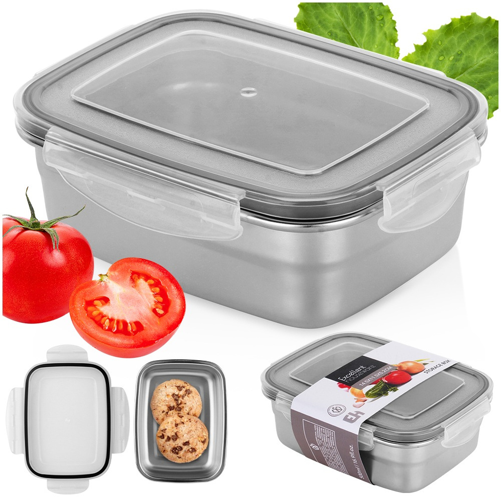 ACÉL ÉTELTÁROLÓ DOBOZ FEDÉLLEL UZSONNÁS DOBOZ TÖMÍTÉSSEL Szélesség 11.5 cm