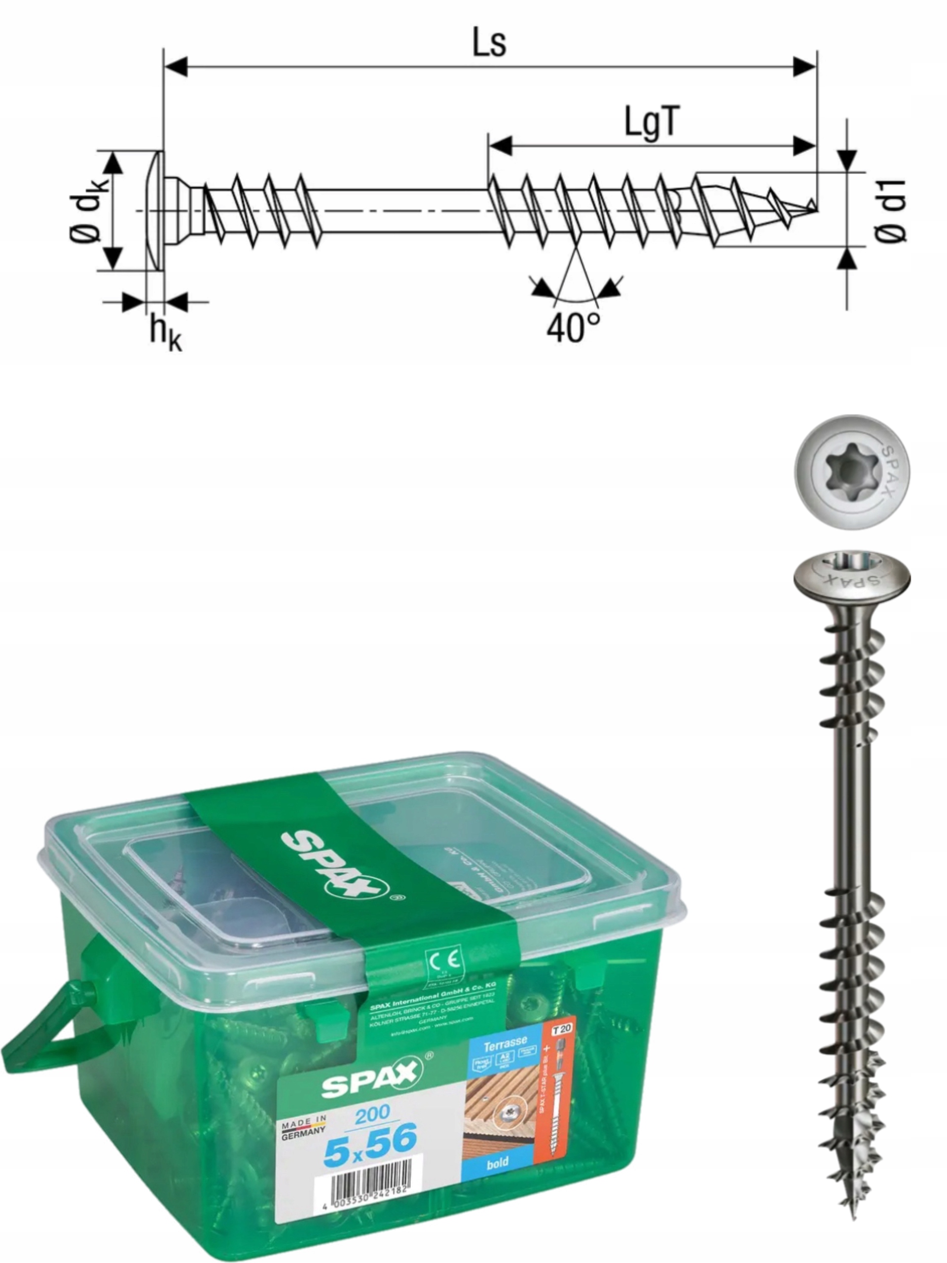Univerzální terasové vruty, nerezová ocel Hkb/ Spax 5 x 56 A2 200 ks