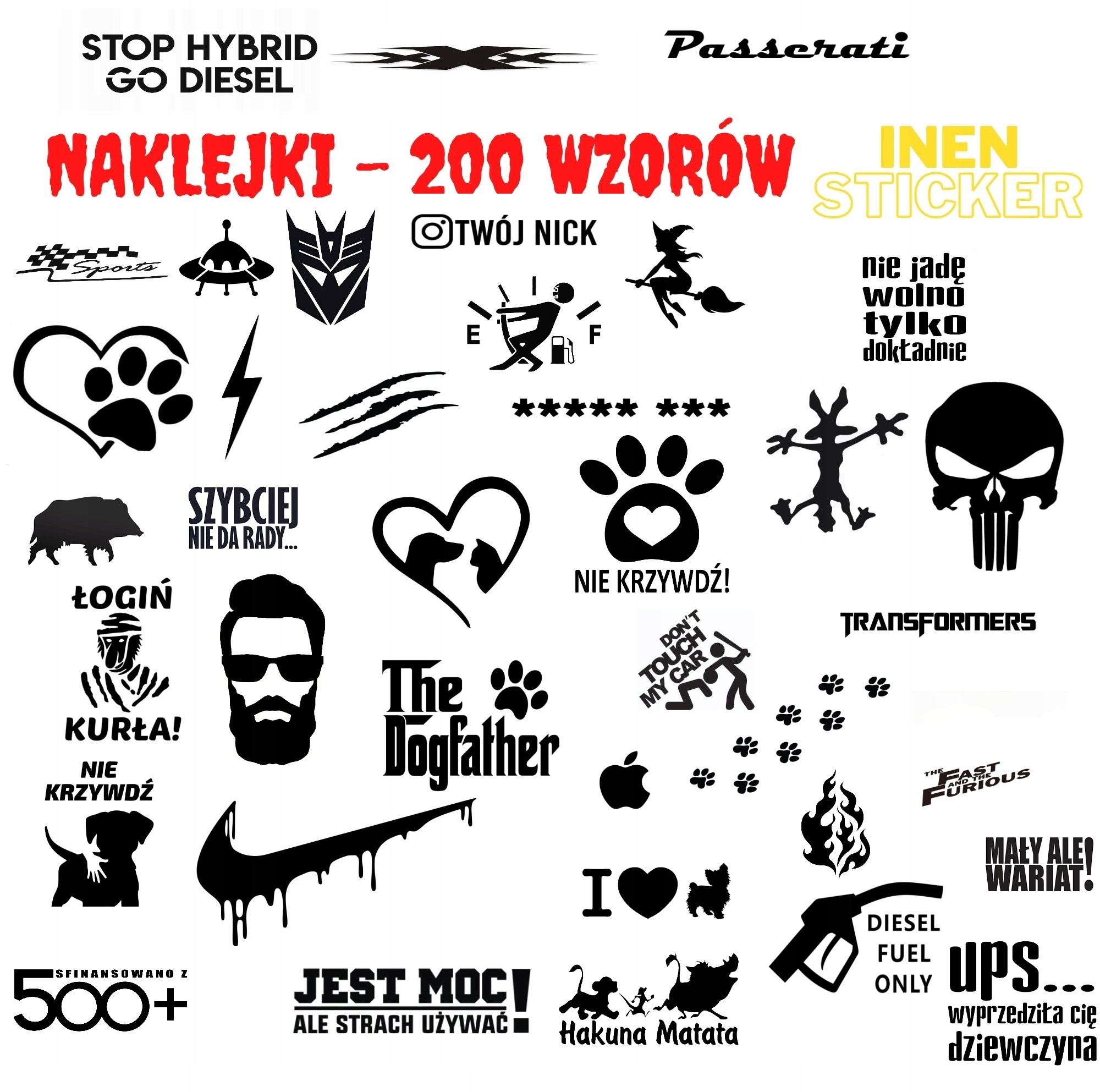 NAKLEJKI NA AUTO SZYBĘ 100 DOWOLNYCH SZTUK