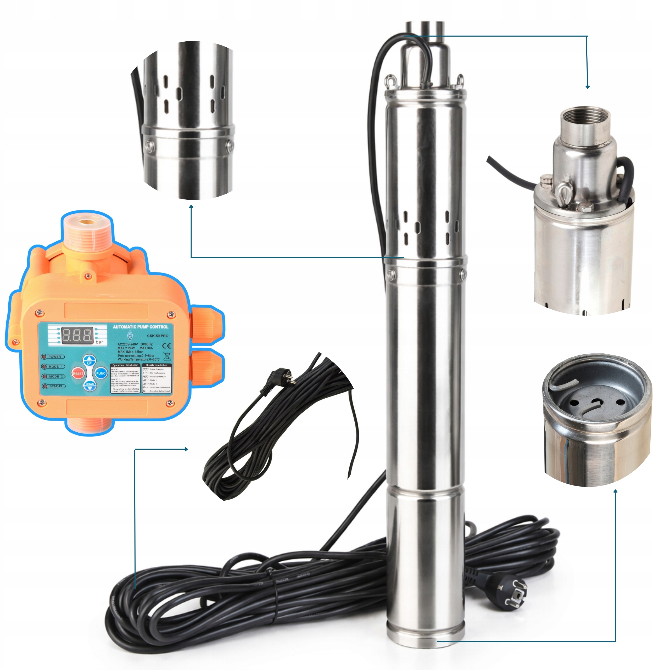 Ponorné Čerpadlo 3,5" Deep 2700 L/h 500 W Pro Studnu Vody Automat 59PRO Sada